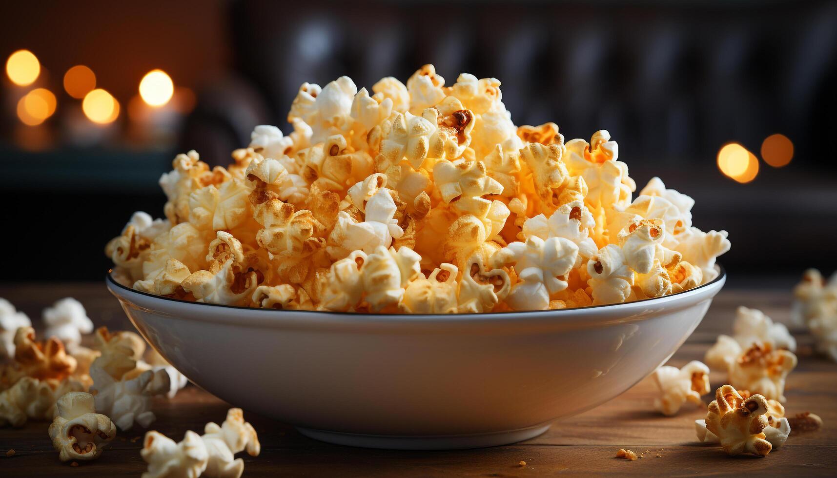 AI generated Fresh popcorn, sweet caramel, and a refreshing drink for movie night generated by AI photo