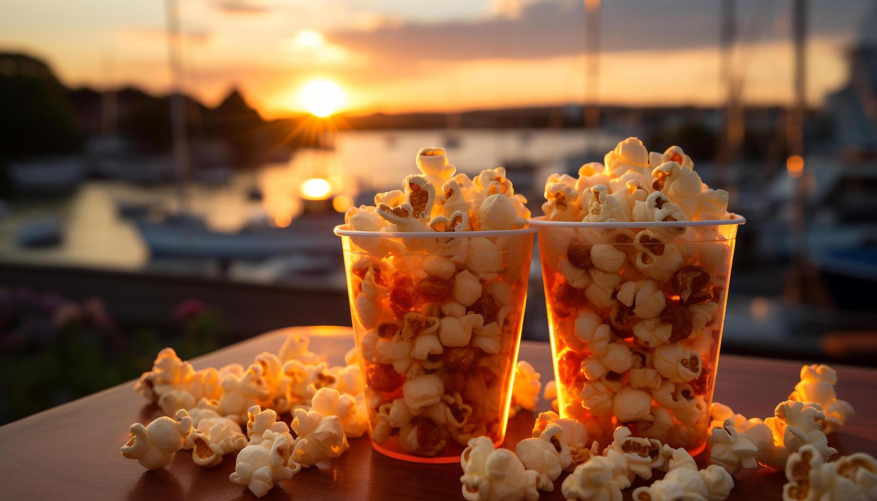 AI generated Summer sunset outdoors, nature freshness, relaxation, movie, gourmet snack generated by AI photo