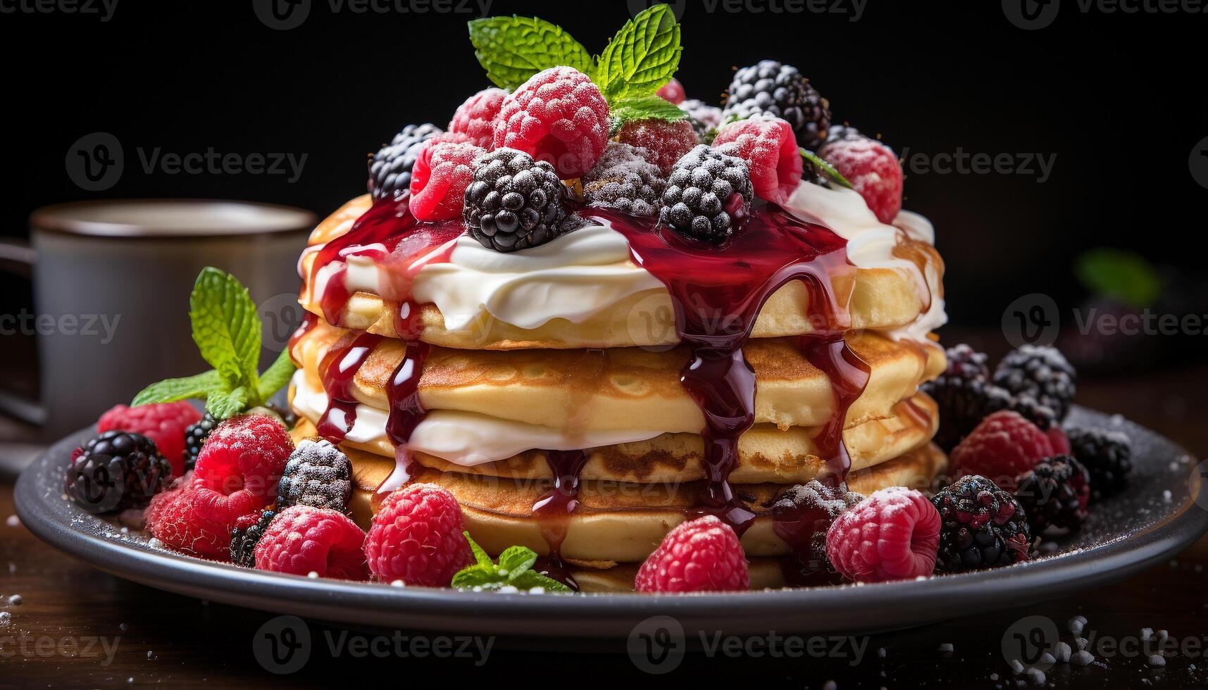 AI generated Freshness and sweetness on a plate homemade berry pancake stack generated by AI photo