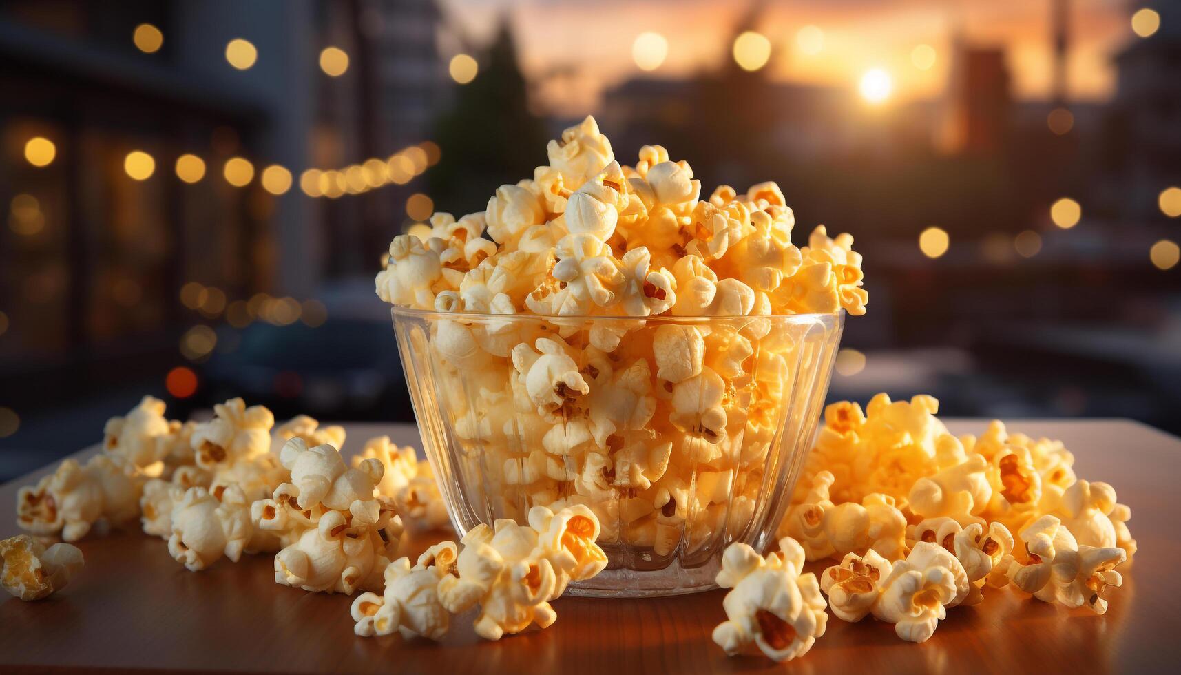 AI generated Fresh popcorn, sweet caramel, and a movie night delight generated by AI photo