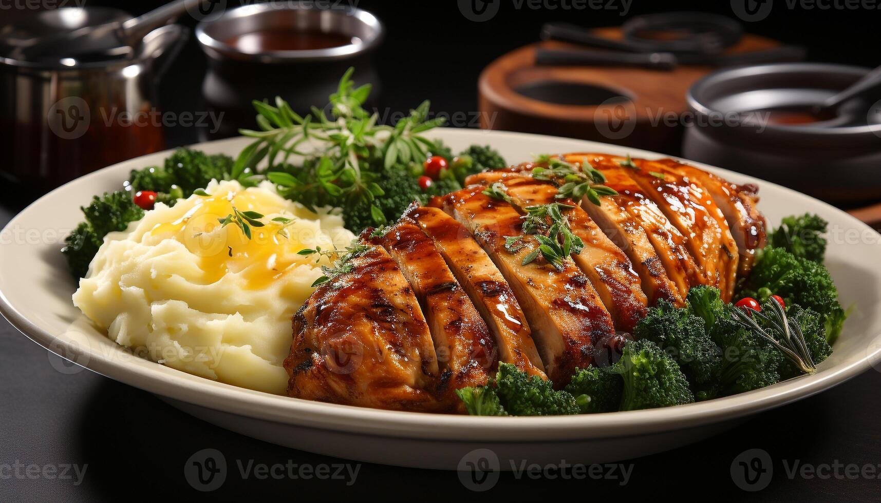 AI generated Grilled meat, fresh vegetables, healthy lunch, ready to eat, savory sauce generated by AI photo