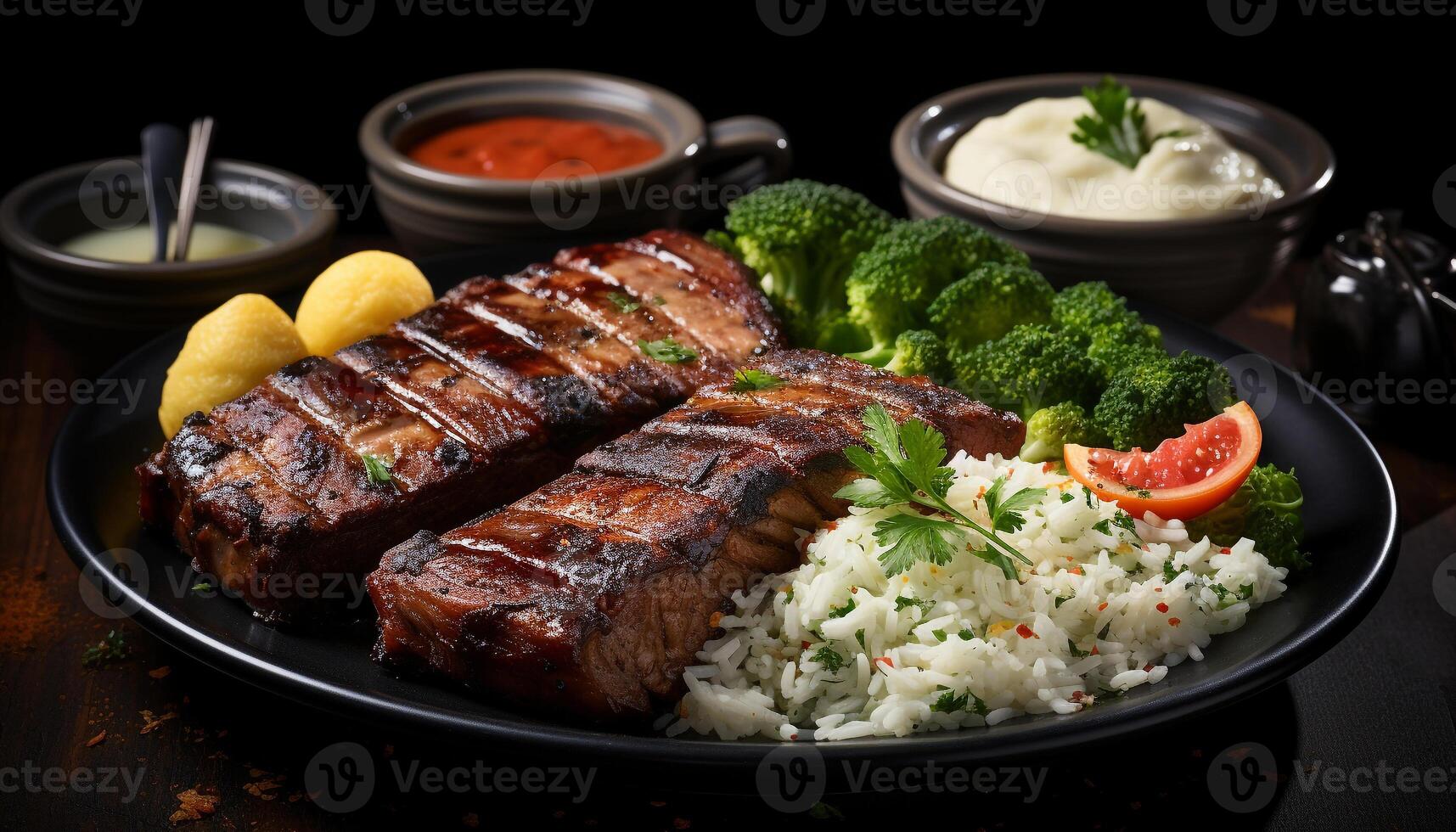 AI generated Grilled meat plate with fresh vegetables, ready to eat and savory generated by AI photo