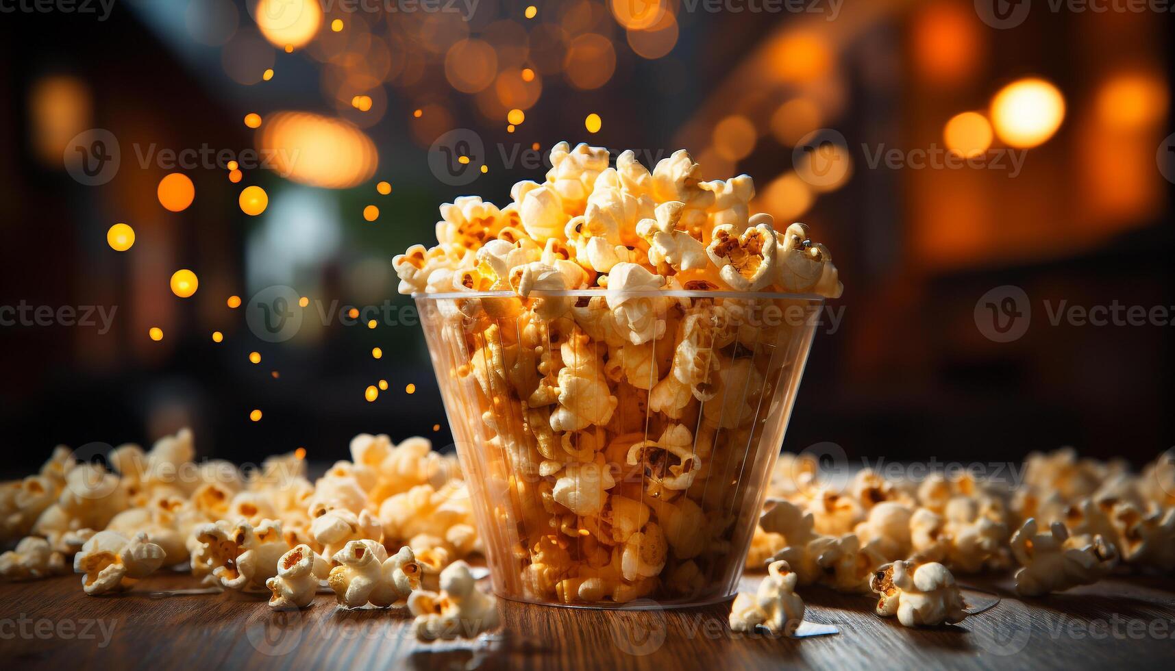 AI generated Fresh caramel corn on wooden table, perfect movie night snack generated by AI photo