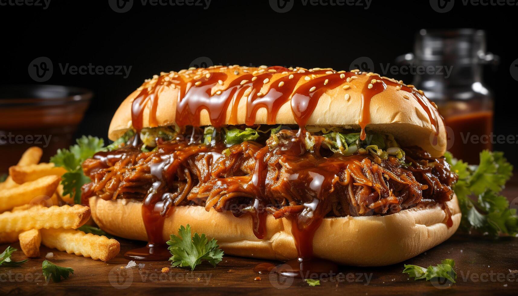 AI generated Grilled beef burger with pulled pork, coleslaw, and fries generated by AI photo