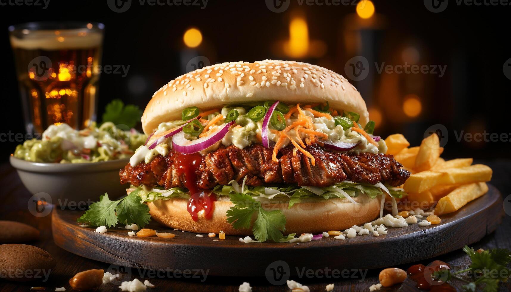 AI generated Grilled beef burger on bun with fries, cheese, and salad generated by AI photo