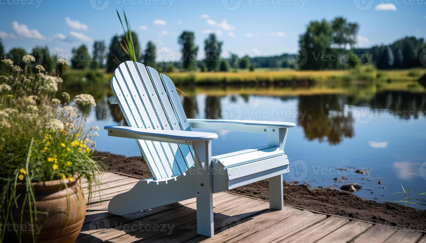 AI generated A tranquil scene summer meadow, tree, bench, and pond generated by AI photo