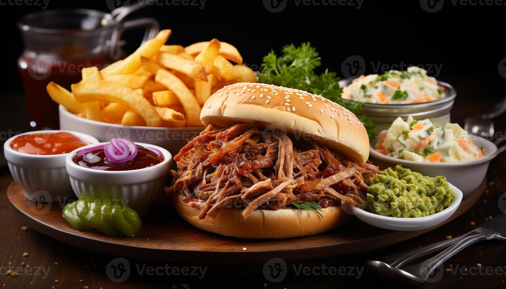 AI generated Grilled beef burger on bun with fries, coleslaw, and pickle generated by AI photo