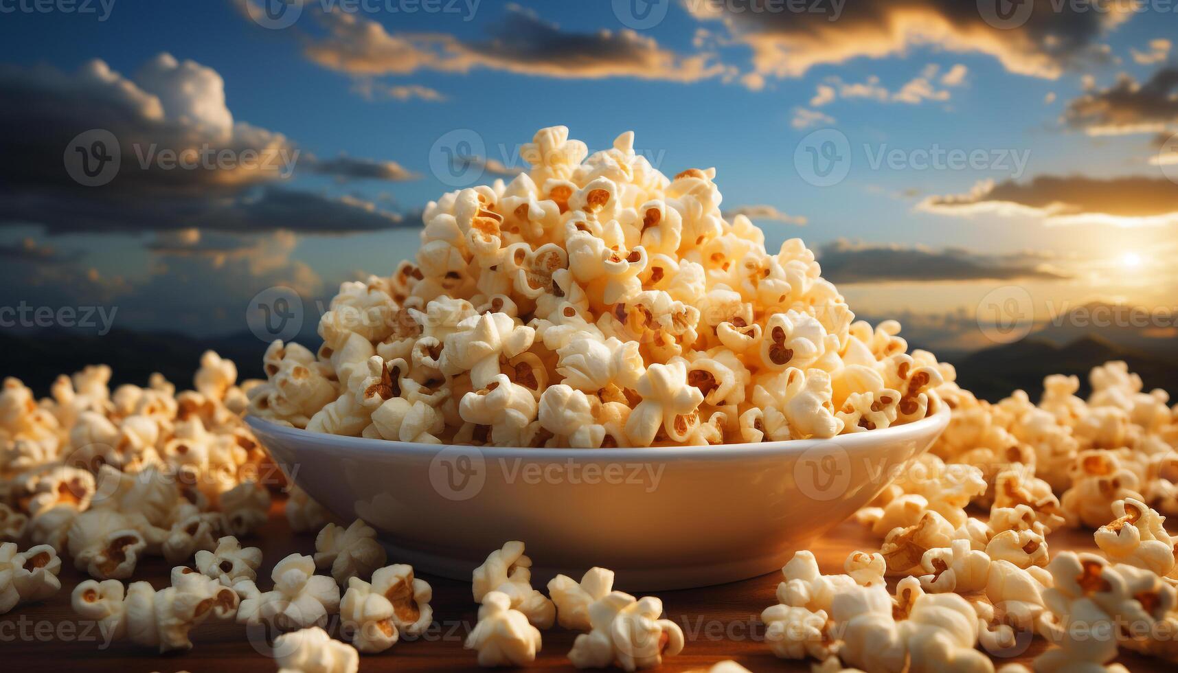 AI generated Fresh popcorn, fluffy and golden, perfect movie theater snack generated by AI photo