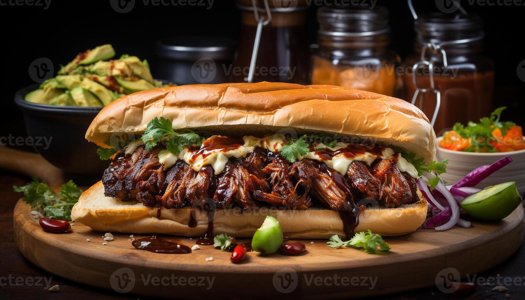 AI generated Grilled beef sandwich with ketchup, onion, and gourmet bread generated by AI photo