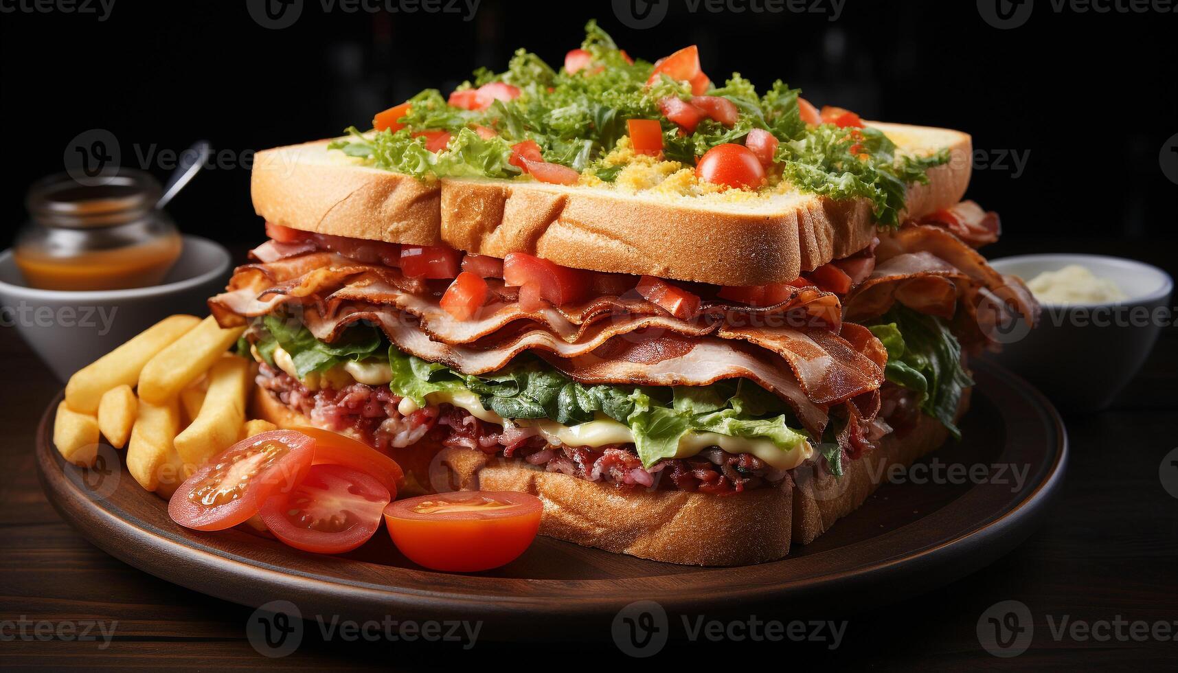 AI generated Grilled meat sandwich on ciabatta, fresh salad, and French fries generated by AI photo