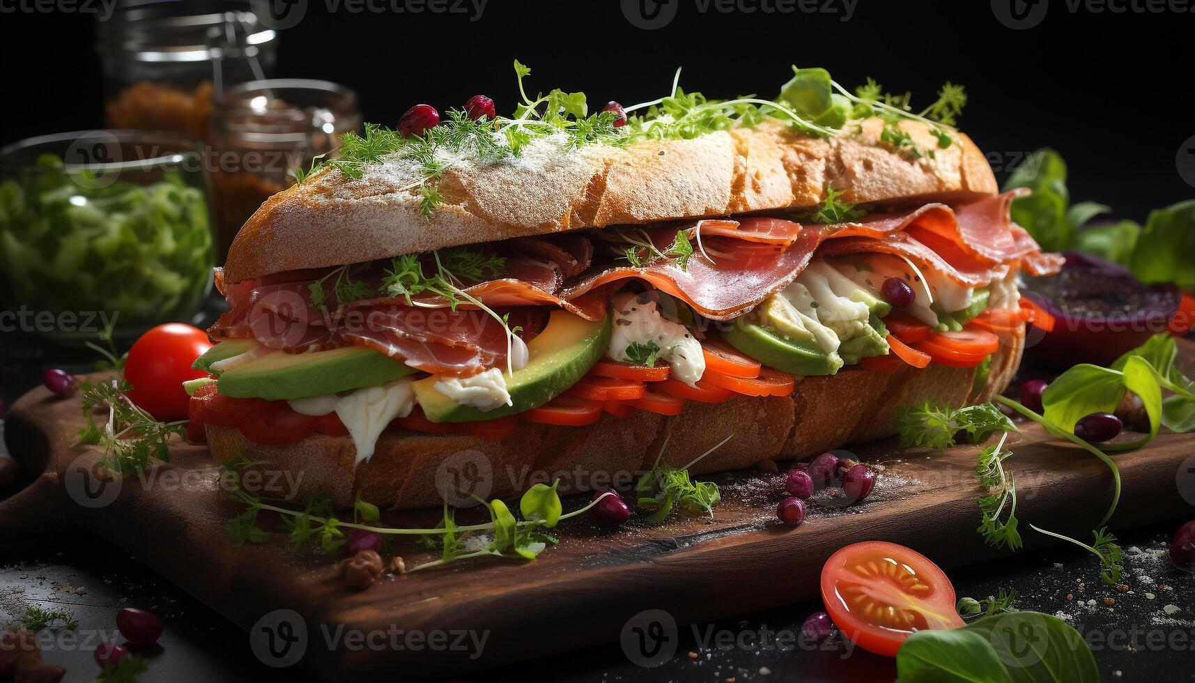 ai generado frescura en plato A la parrilla carne, tomate, ensalada, ciabatta emparedado generado por ai foto