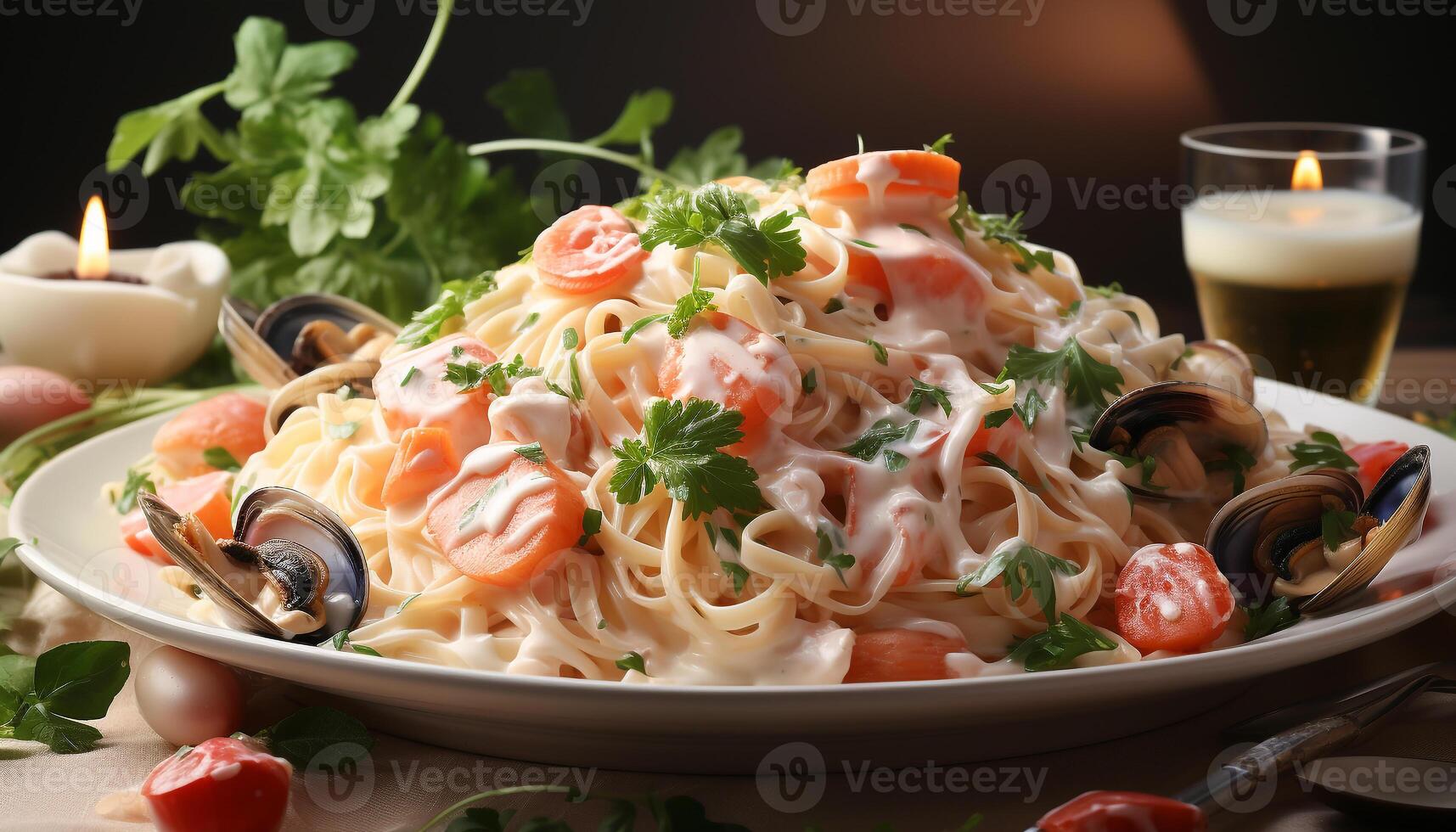 AI generated Fresh seafood pasta with parsley, tomato sauce, and healthy vegetables generated by AI photo