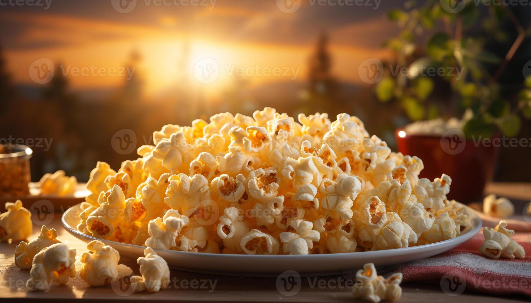 AI generated Fresh popcorn on wooden table, watching movie in nature generated by AI photo