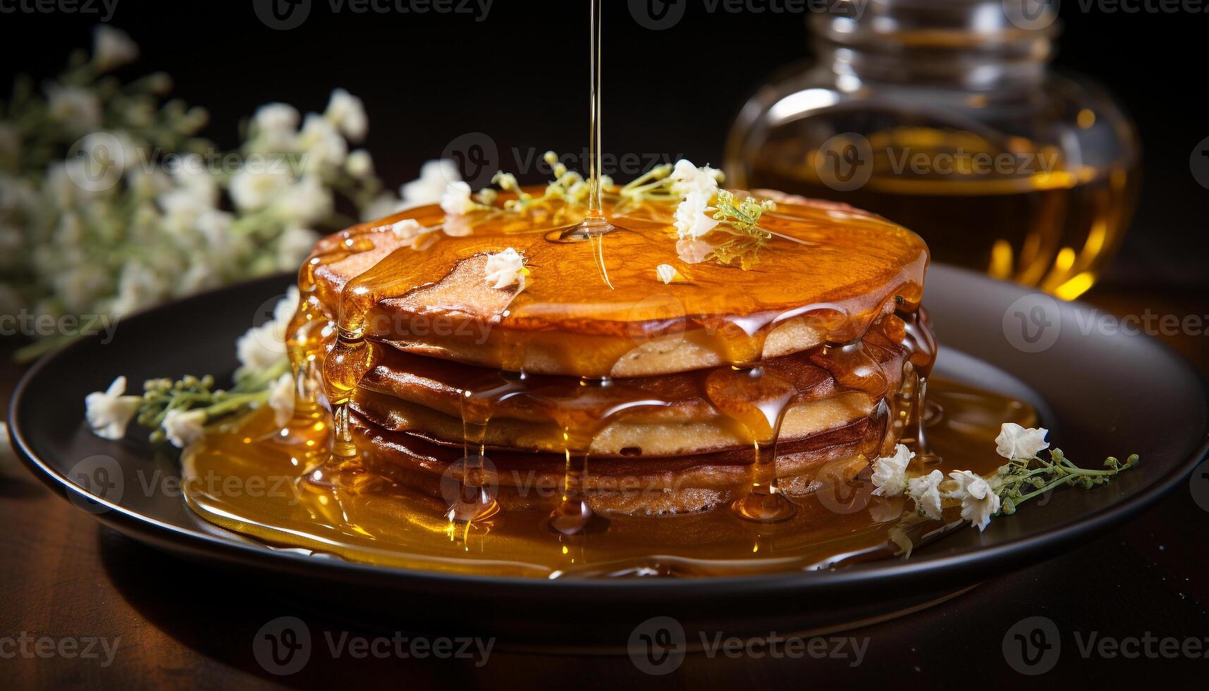 AI generated Homemade pancake stack with honey syrup and fresh fruit generated by AI photo