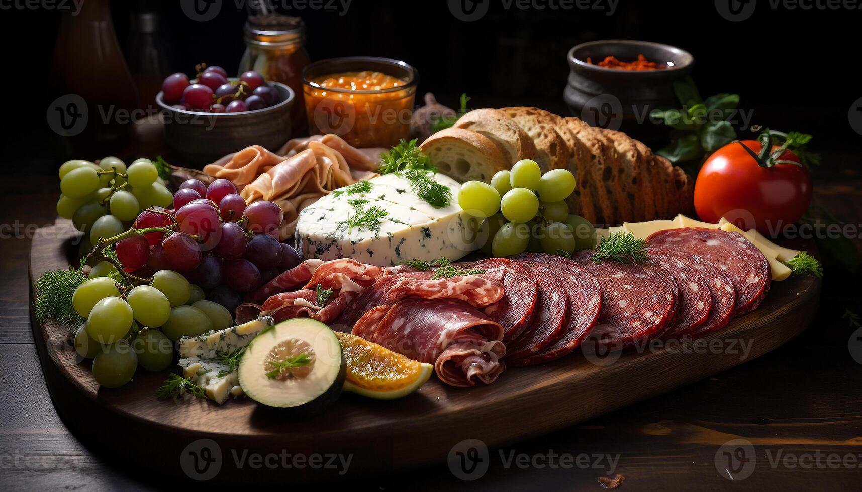 AI generated Freshness and variety on a rustic wooden table meat, fruit, and bread generated by AI photo