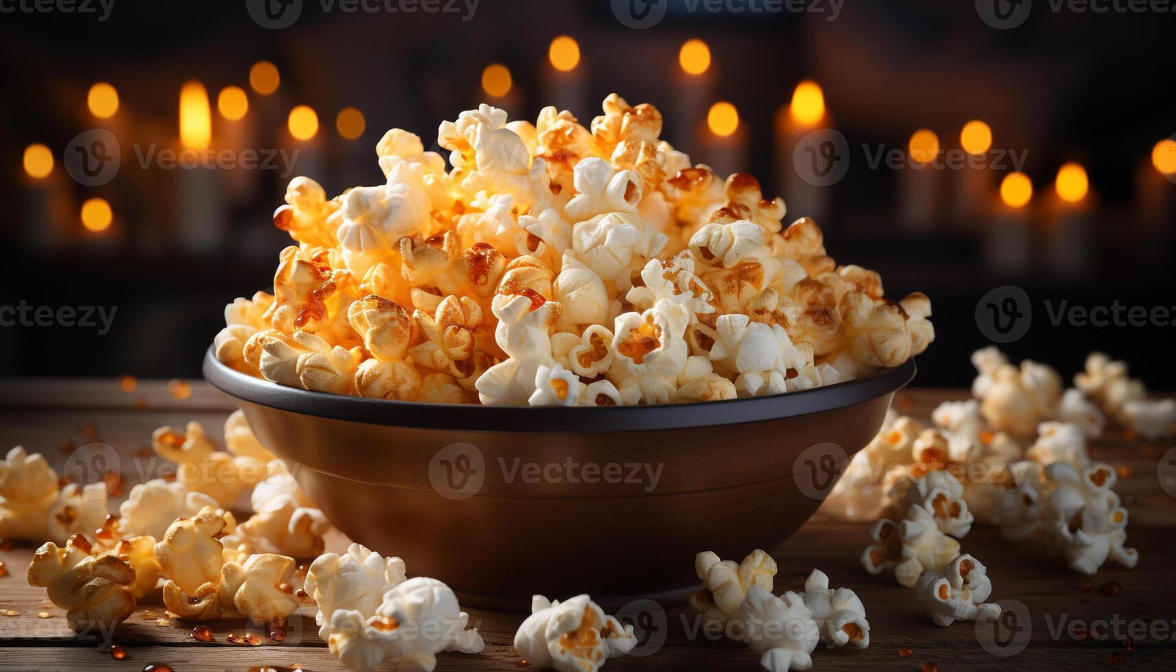 AI generated Fresh popcorn in yellow bowl, perfect movie theater snack generated by AI photo