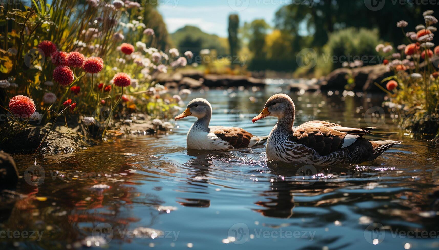 AI generated Duck family enjoys the tranquil pond, surrounded by nature generated by AI photo