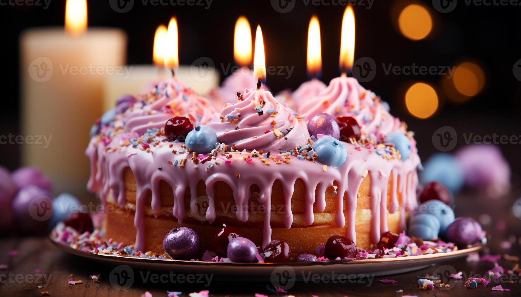 AI generated Birthday cake with candles, chocolate icing, and fresh strawberries generated by AI photo