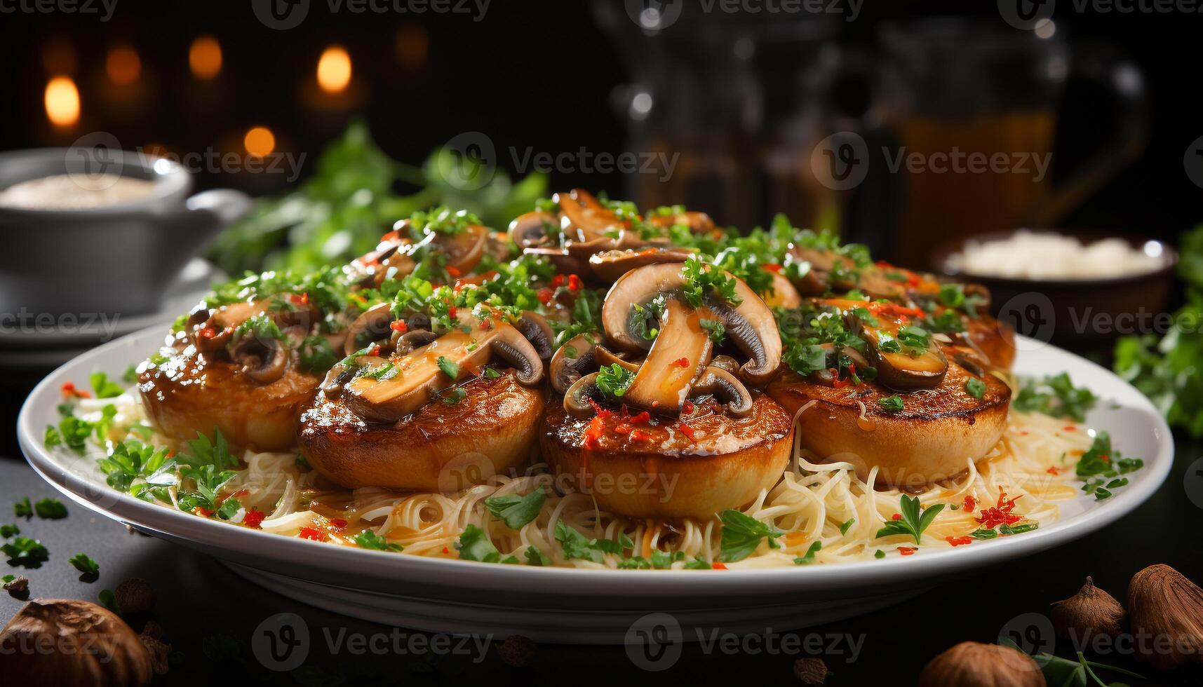 AI generated Grilled meat and vegetables on rustic plate, ready to eat generated by AI photo
