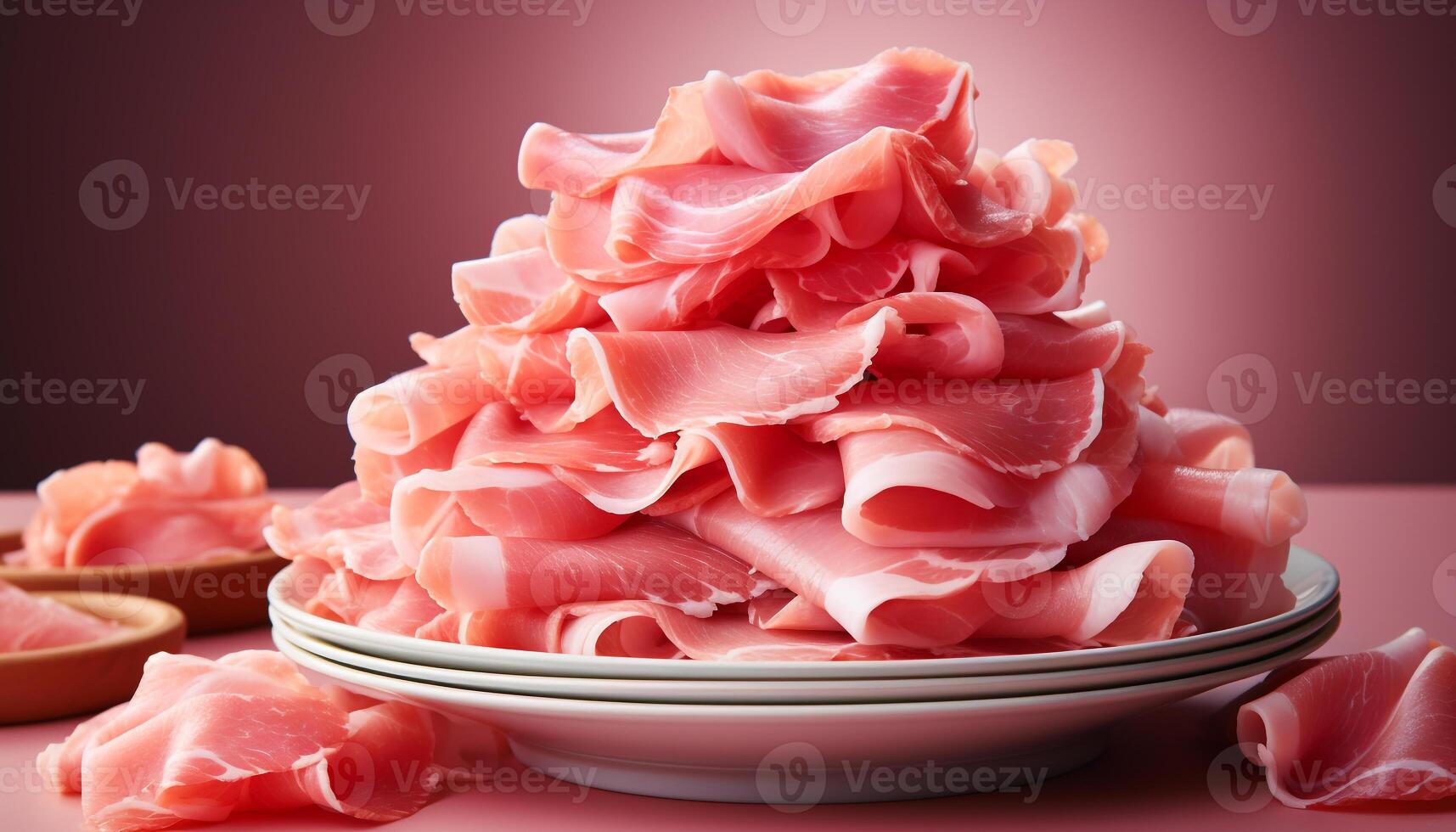 AI generated A gourmet meal prosciutto, bacon, and beef, sliced and stacked generated by AI photo