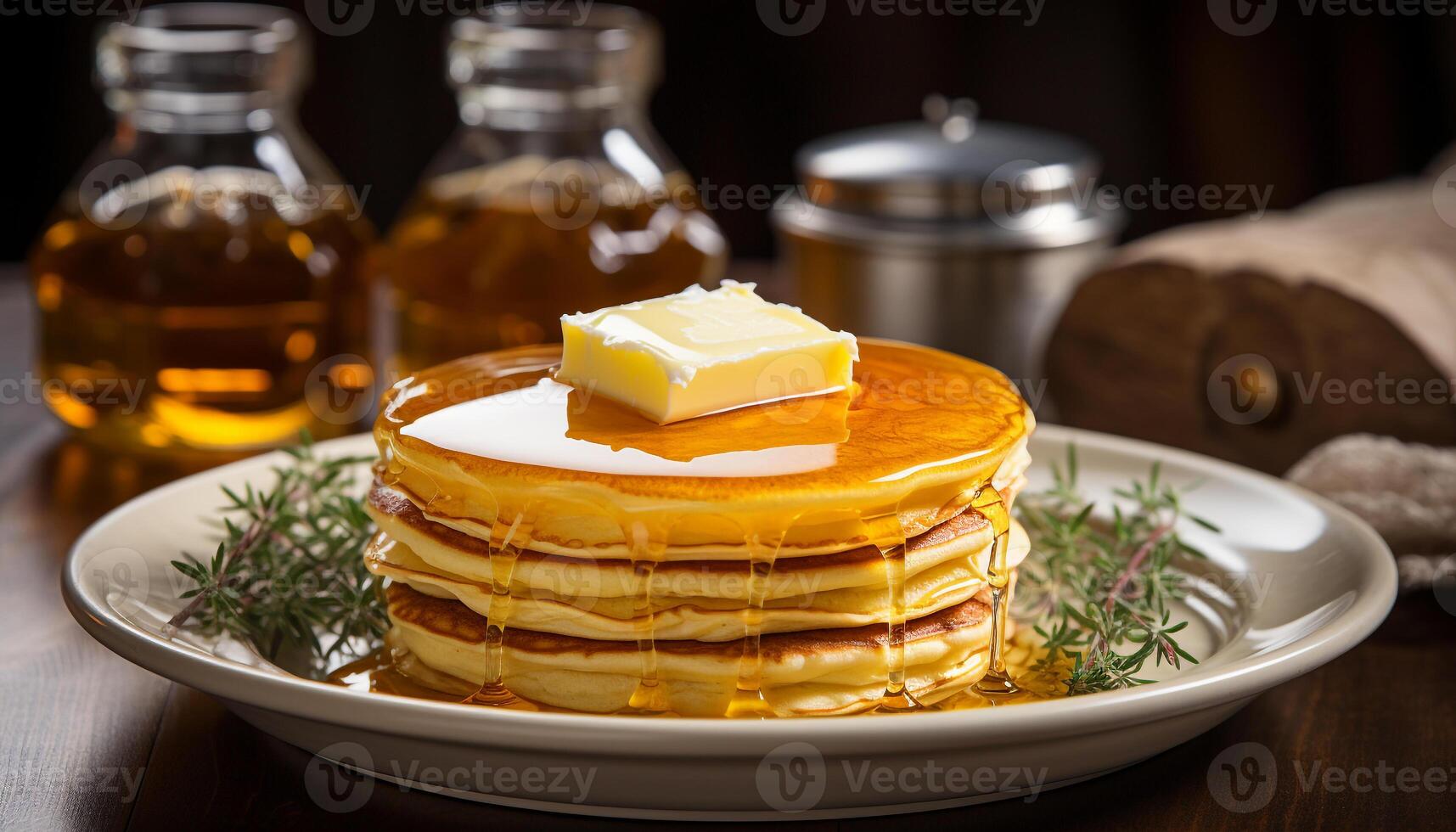 AI generated A stack of homemade pancakes with butter and syrup generated by AI photo