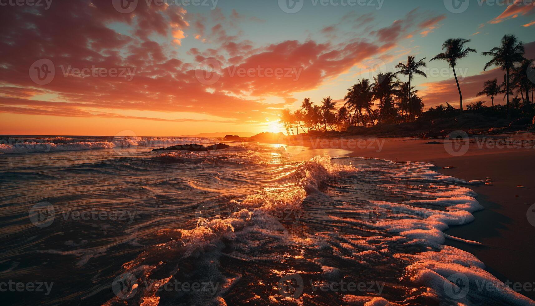 AI generated Sunset over the tranquil coastline, nature beauty in tropical paradise generated by AI photo