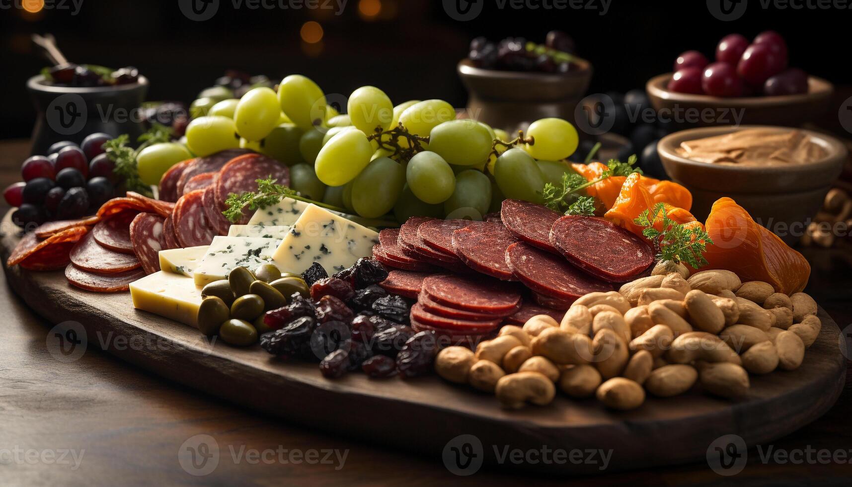 AI generated A rustic tray of gourmet delicatessen meat, cheese, bread generated by AI photo