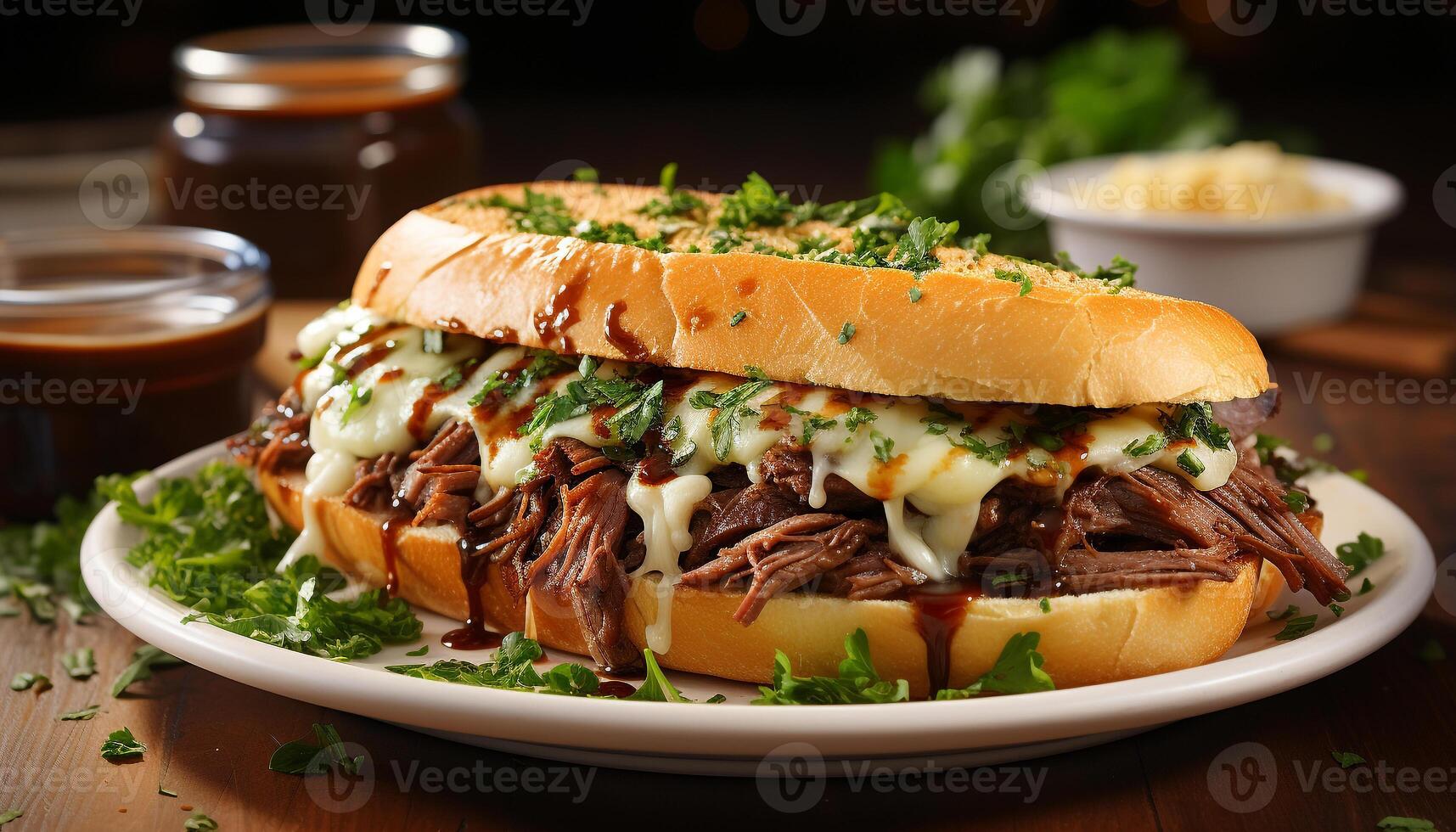 AI generated Grilled beef sandwich with fresh vegetables, homemade guacamole, and fries generated by AI photo