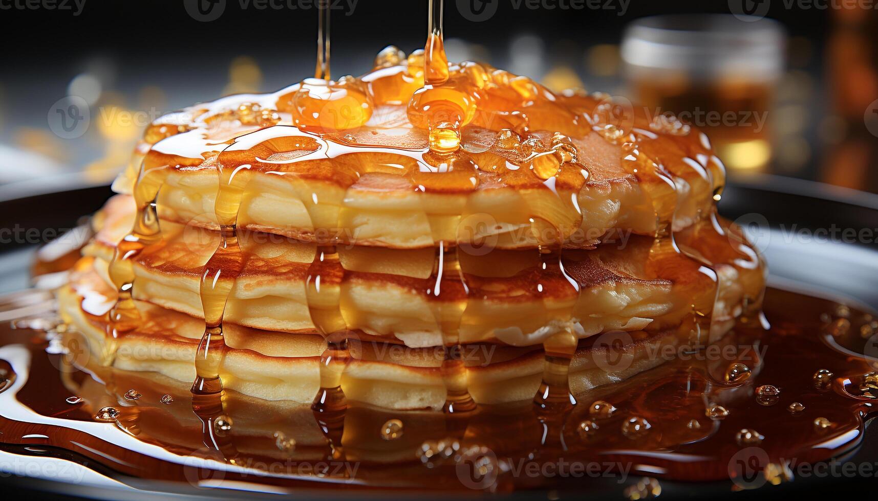 AI generated Freshly baked pancakes stacked high with chocolate and fruit toppings generated by AI photo