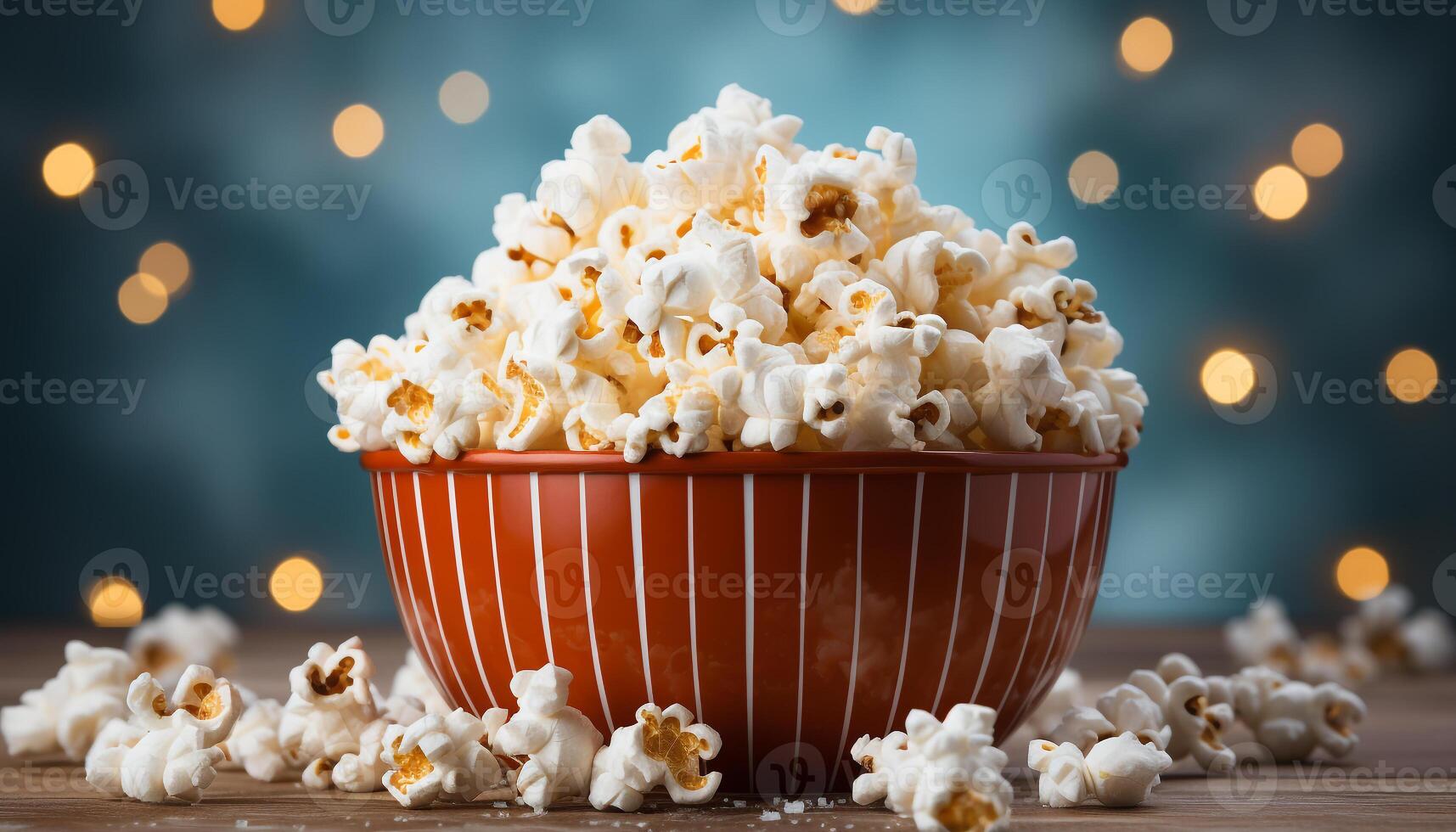 AI generated Fresh popcorn in a yellow bowl on a dark wooden table generated by AI photo