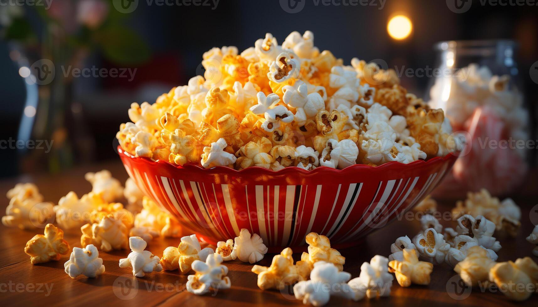 AI generated Fresh popcorn in a yellow bowl, perfect movie theater snack generated by AI photo