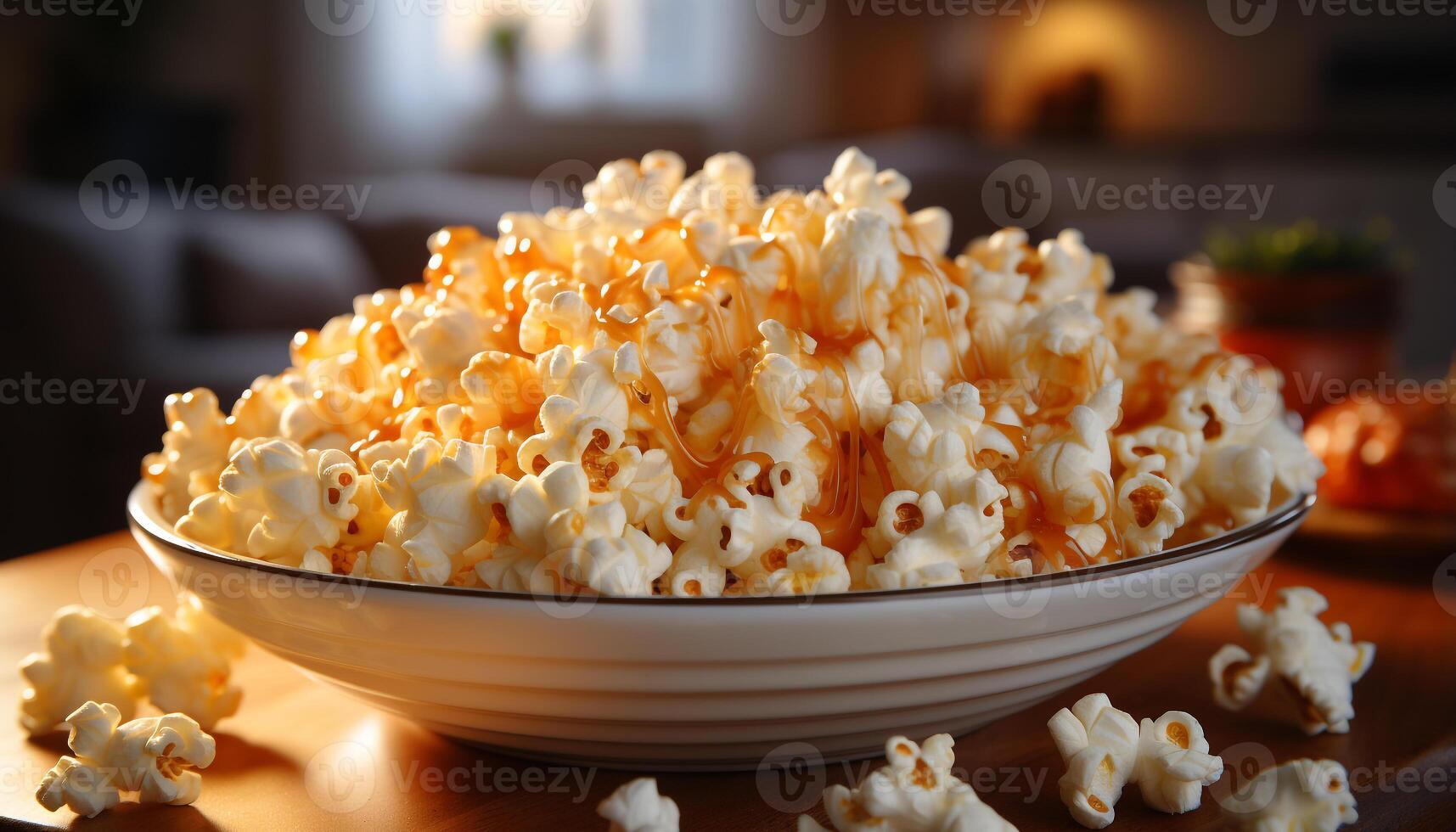 AI generated Fresh popcorn, sweet candy, and refreshing drink for movie night generated by AI photo