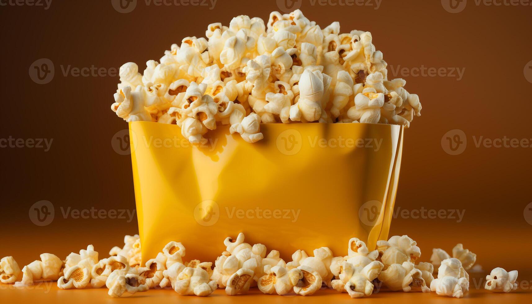 AI generated Fresh popcorn in a yellow bucket, perfect movie snack generated by AI photo