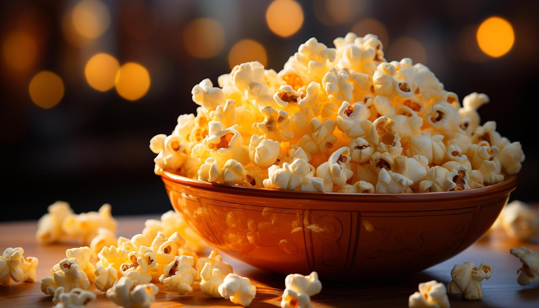 AI generated A bowl of fresh popcorn, a movie night delight generated by AI photo