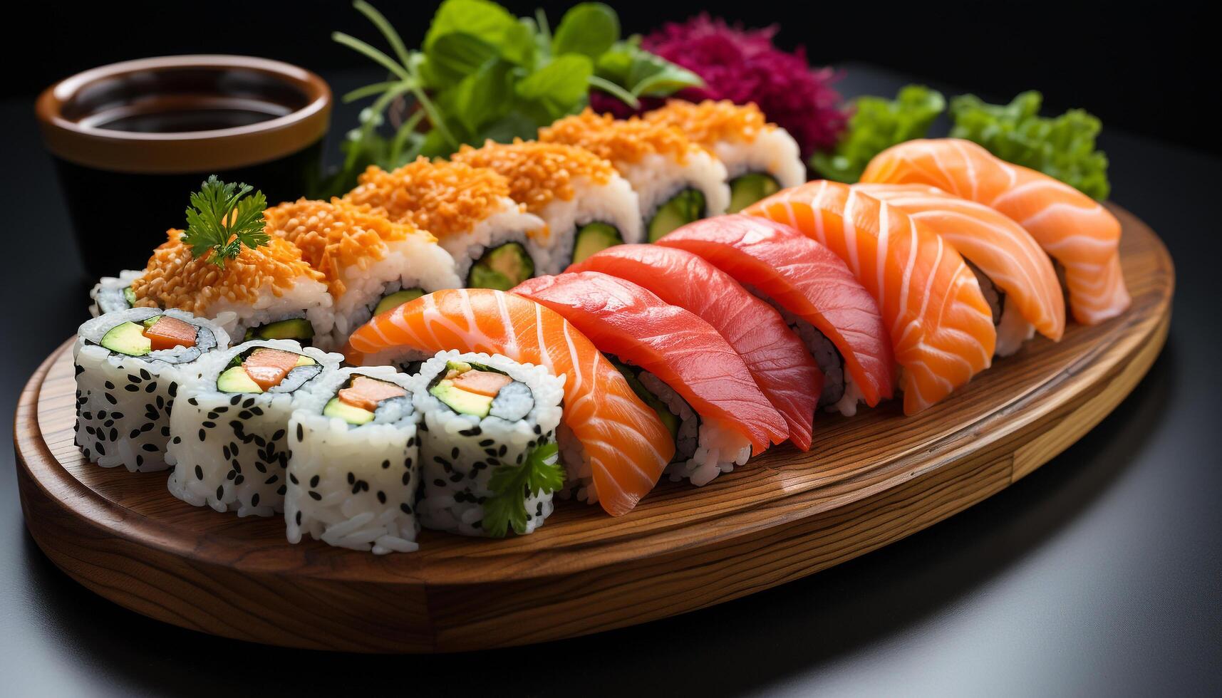 ai generado frescura en plato Sushi, sashimi, maqui, nigiris, algas marinas, aguacate generado por ai foto