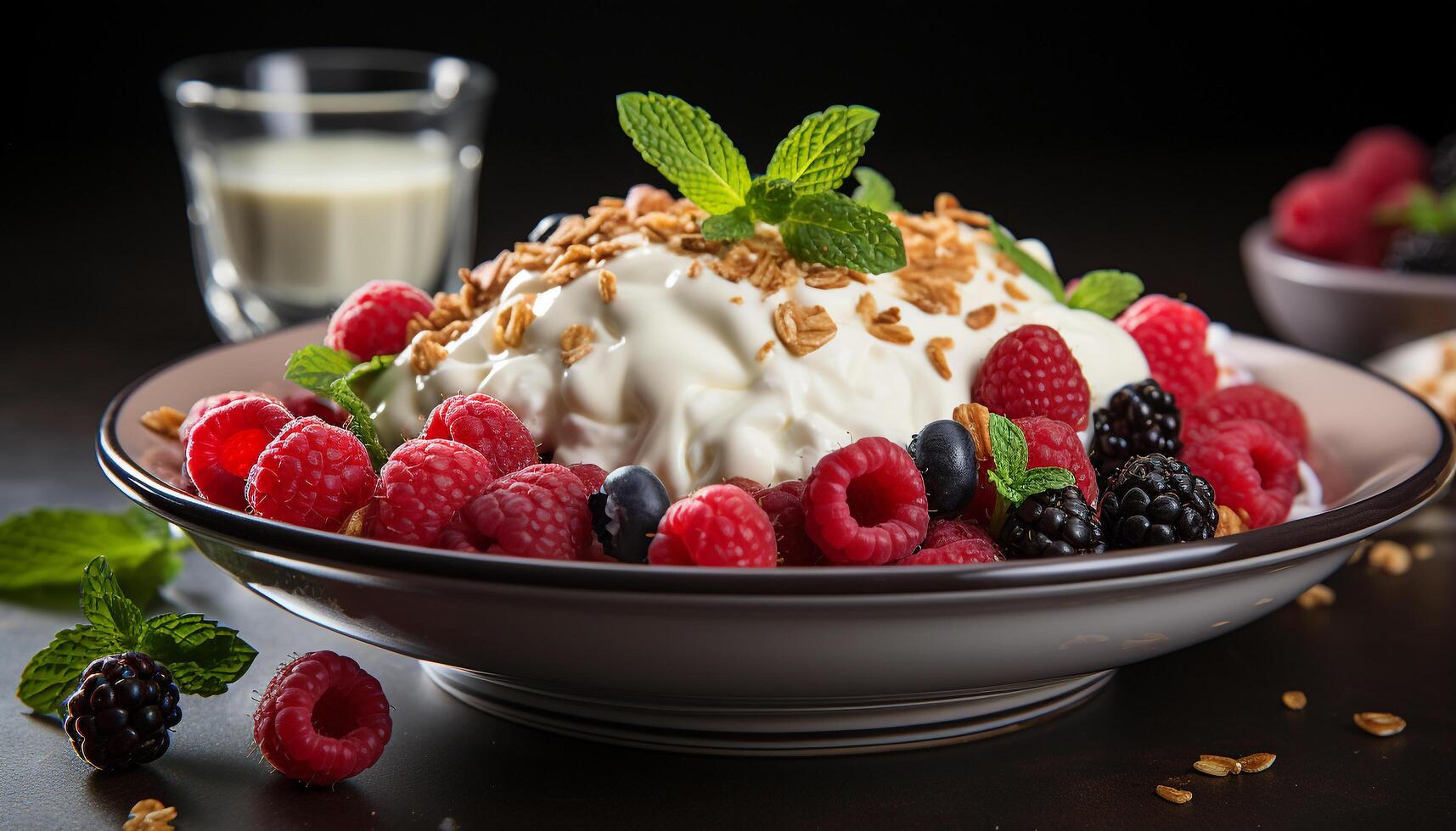 AI generated Fresh berry dessert with yogurt, mint leaf, and granola generated by AI photo