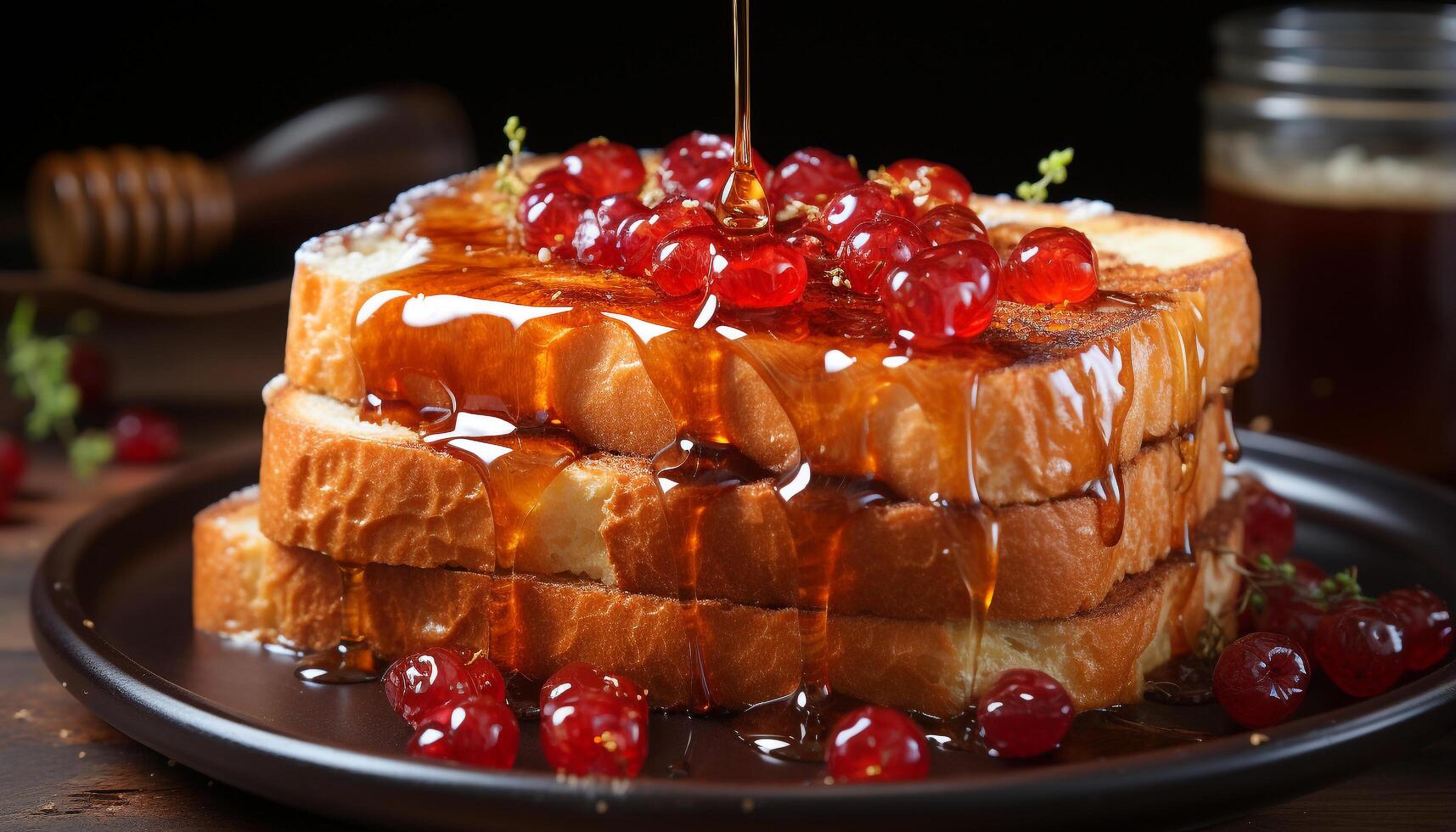 AI generated Homemade pancake stack with fresh berries and sweet syrup generated by AI photo