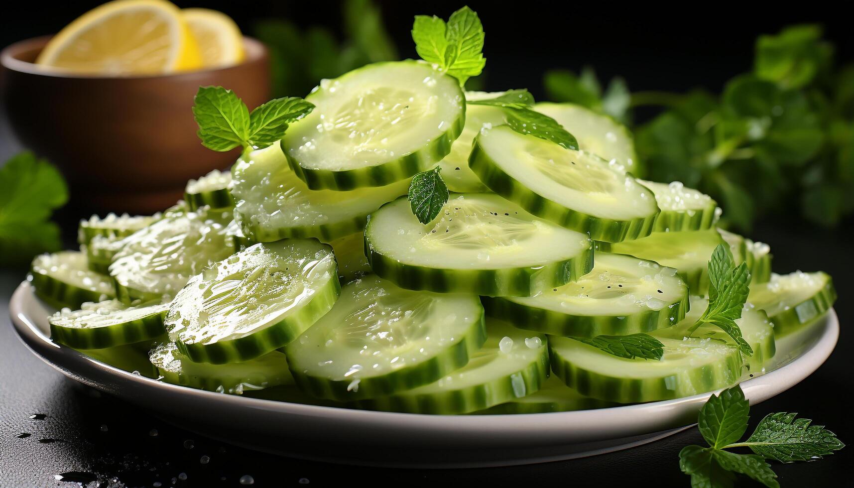 AI generated Fresh cucumber slices on a wooden plate, a healthy snack generated by AI photo