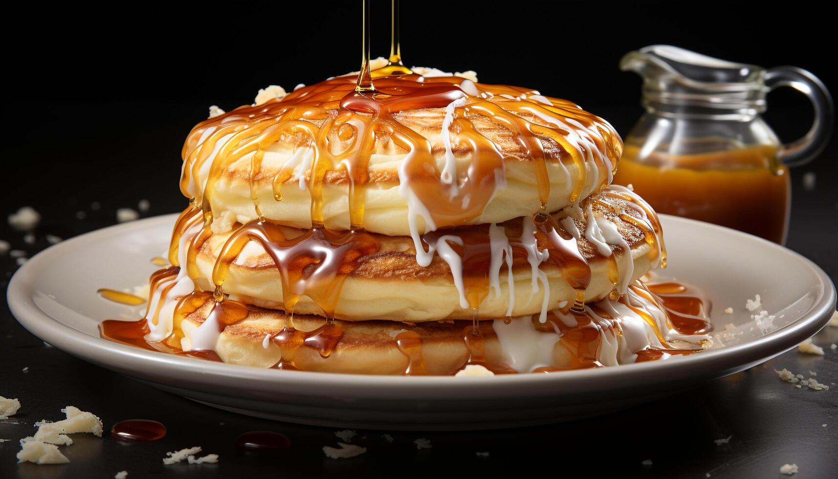 AI generated Freshly cooked pancakes stacked high with syrup and berries generated by AI photo