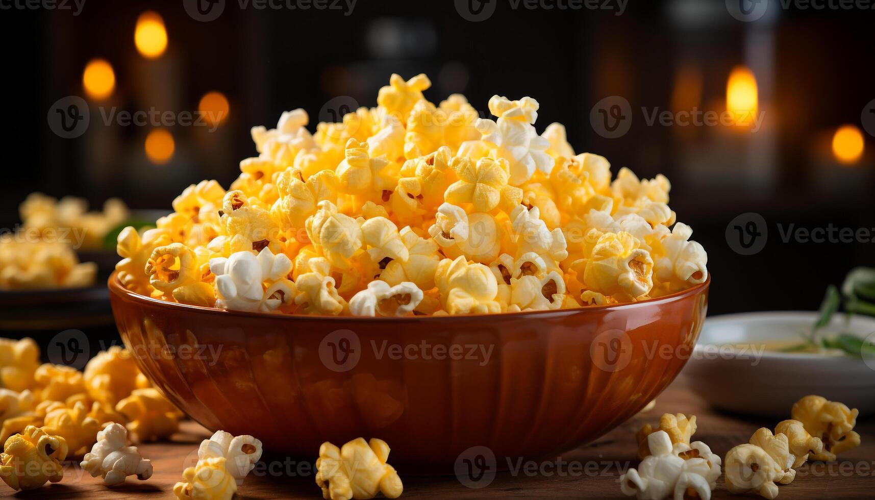 AI generated Fresh popcorn in a yellow bowl, perfect movie theater snack generated by AI photo
