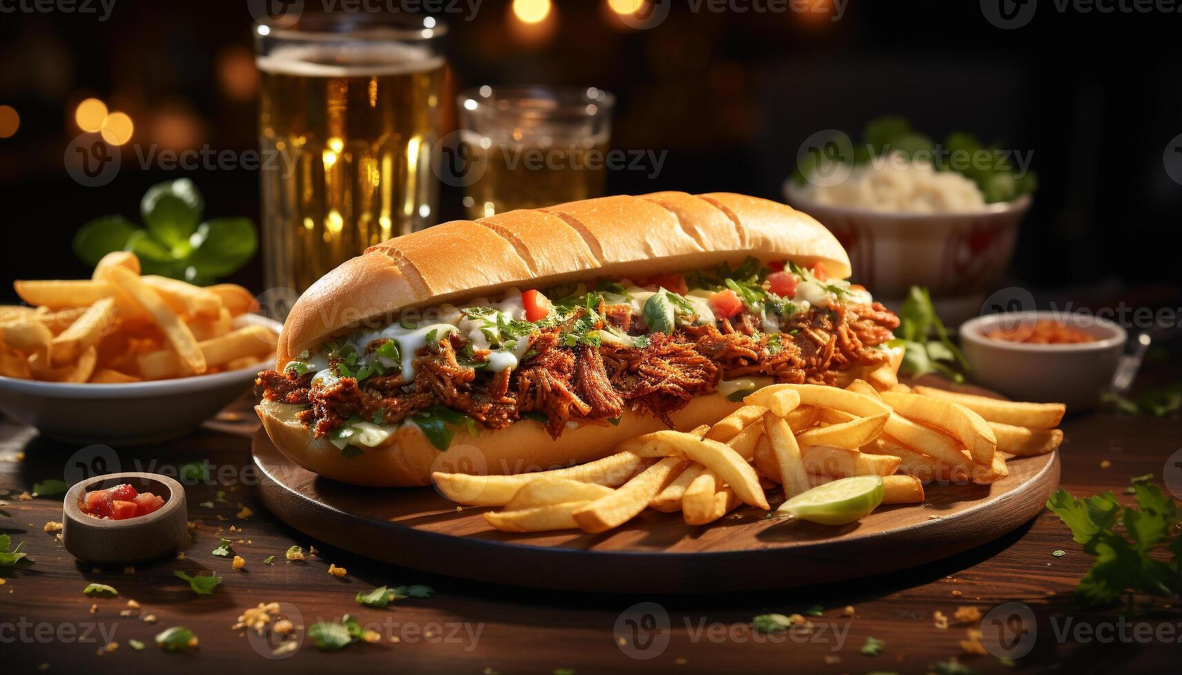 AI generated Grilled beef burger, fries, and cola at rustic pub generated by AI photo