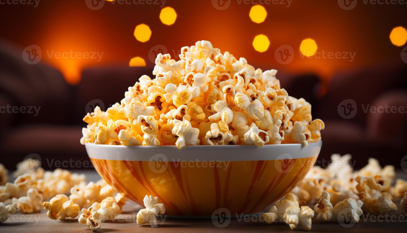 AI generated Fresh popcorn in a yellow bucket, perfect movie theater snack generated by AI photo