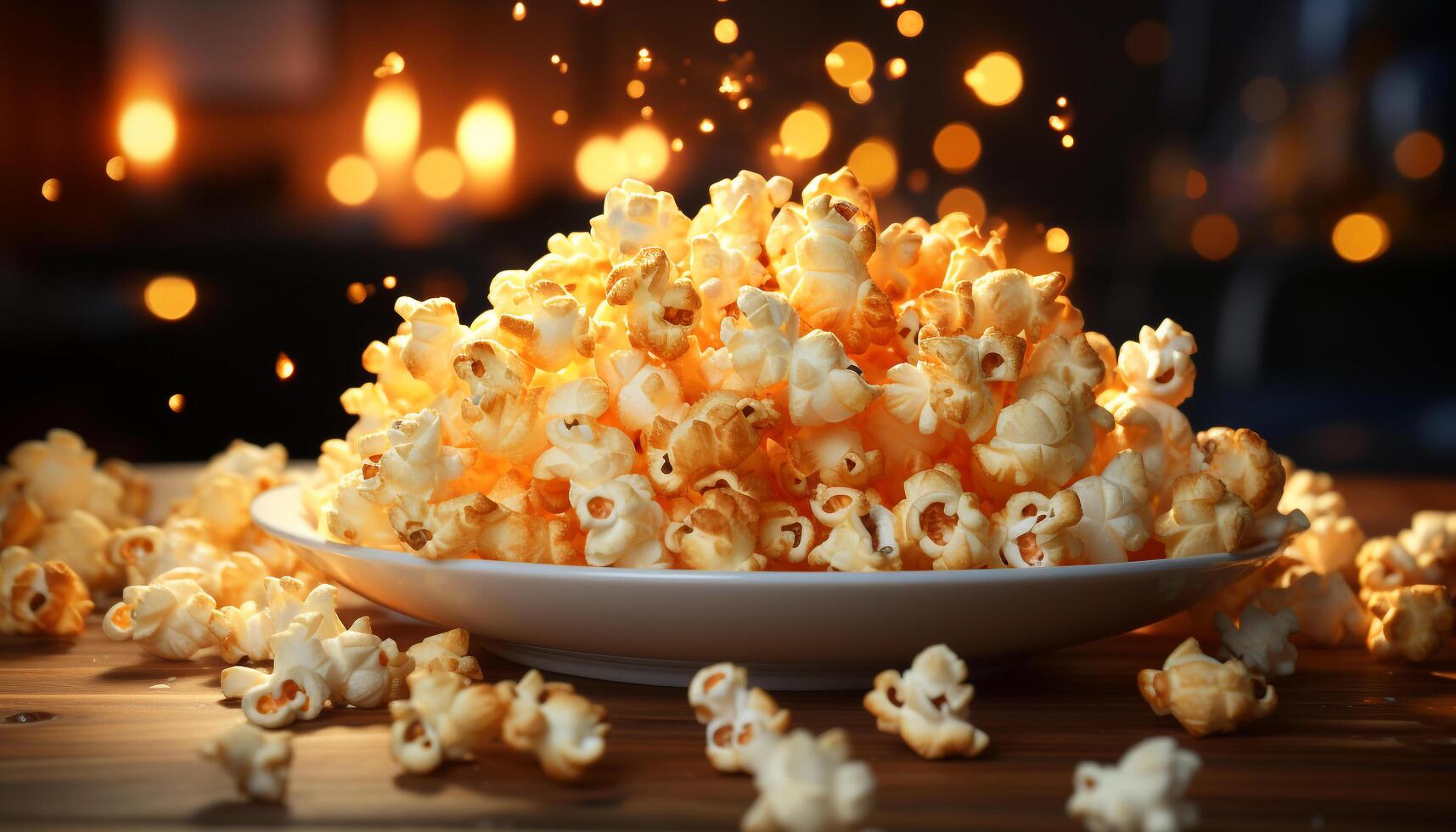 AI generated Fresh popcorn in a yellow bowl, perfect movie night snack generated by AI photo