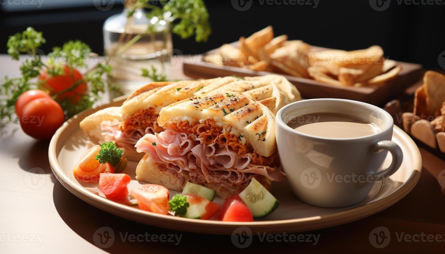 AI generated Freshness on plate grilled meat, healthy salad, ready to eat sandwich generated by AI photo