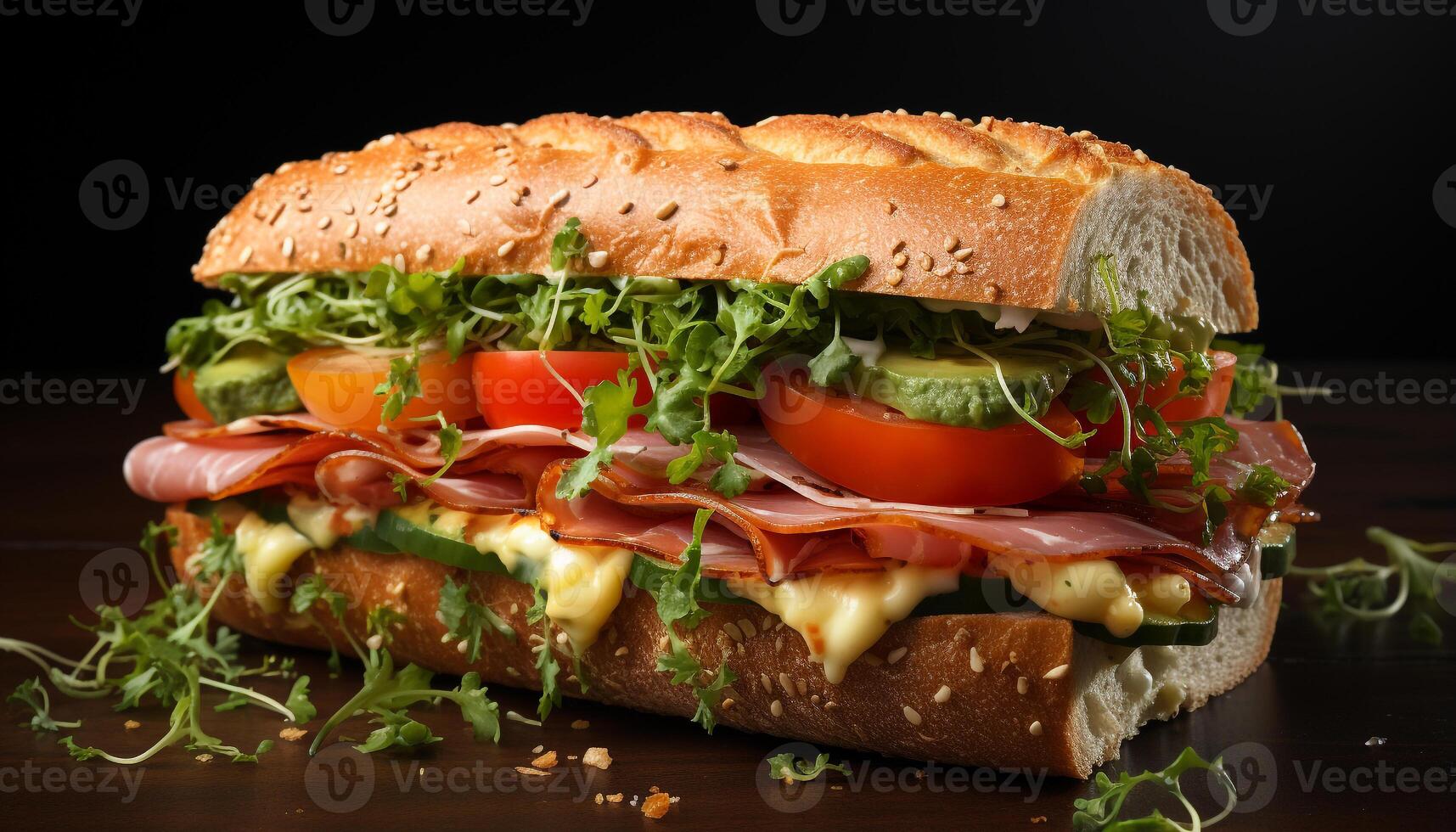AI generated Fresh ciabatta sandwich with grilled meat, tomato, and salad generated by AI photo