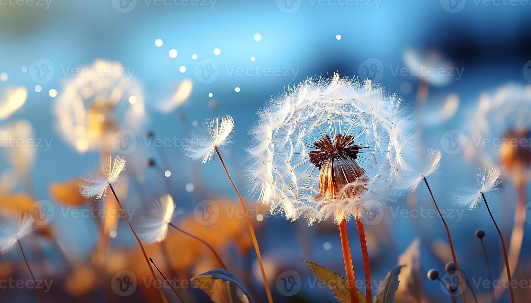 AI generated Fluffy dandelion seed in soft sunlight, symbolizing growth and fragility generated by AI photo