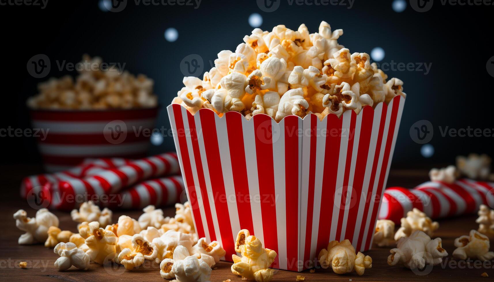 AI generated Striped popcorn bucket on table, watching movie in dark theater generated by AI photo