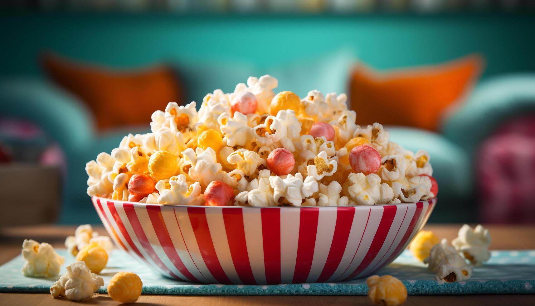 AI generated Fresh popcorn, sweet candy, and refreshing drink for movie night generated by AI photo