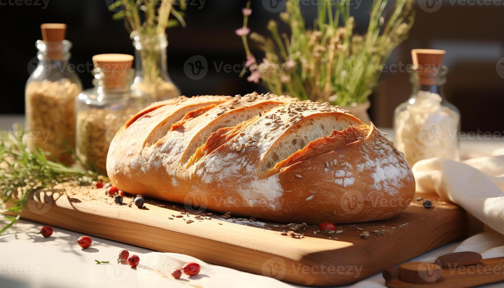 AI generated Freshly baked homemade bread on wooden table, a gourmet meal generated by AI photo