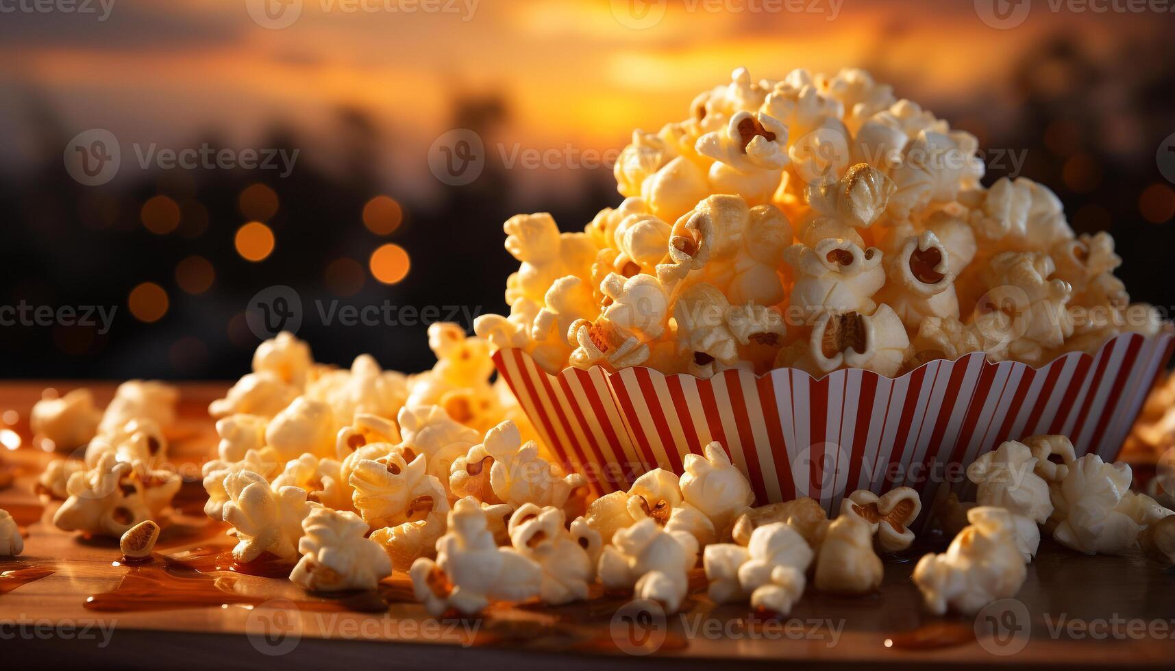 AI generated Fresh popcorn in yellow bucket, perfect movie theater snack generated by AI photo